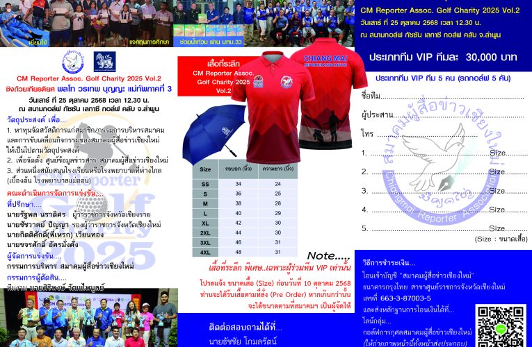 เชิญร่วมวาดวงสวิงกับ กอล์ฟการกุศล CM Reporter Assoc. Golf Charity 2025 Vol.2 ชิงถ้วยเกียรติยศ พลโท วรเทพ บุญญะ แม่ทัพภาคที่ 3