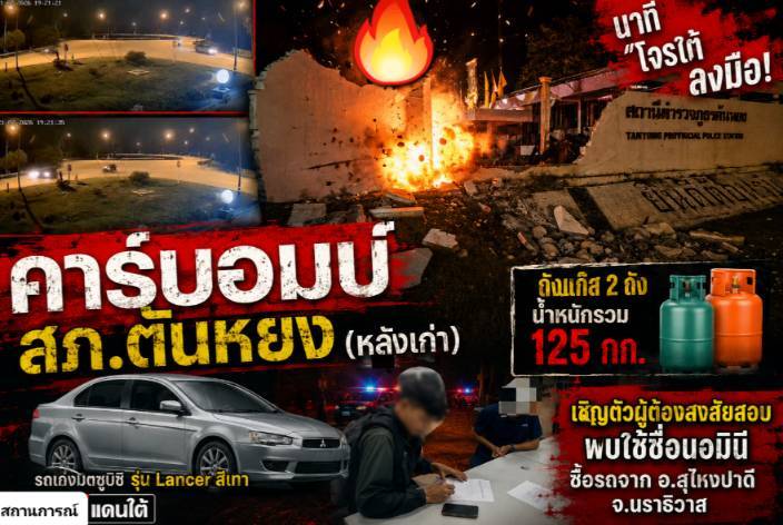 นาที “โจรใต้” ลงมือคาร์บอมบ์ สภ.ตันหยง (หลังเก่า)ถังแก๊ส 2 ถัง น้ำหนักรวม 125 กก. รถเก๋งมิตซูบิชิ รุ่น Lancer สีเทาเชิญตัวผู้ต้องสงสัยสอบ พบใช้ชื่อนอมินี ซื้อรถจาก อ.สุไหงปาดี จ.นราธิวาส