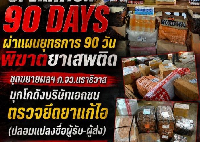 เปิดเกมรุกตามนโยบาย “OPERATION 90 DAYS ผ่าแผนยุทธการ 90 วัน” เดินหน้าปฏิบัติการ “บำบัดทุกข์ บำรุงสุข พิทักษ์สันติราษฎร์ พิฆาตยาเสพติด และพิชิตอันธพาล”ชุดขยายผลฯ ภ.จว.นราธิวาส บูรณาการร่วม ทหารและฝ่ายปกครอง บุกโกดังบริษัทขนส่งเอกชน ตรวจยึดยาแก้ไอ 2,467 ขวด มูลค่า 500,000 บาท