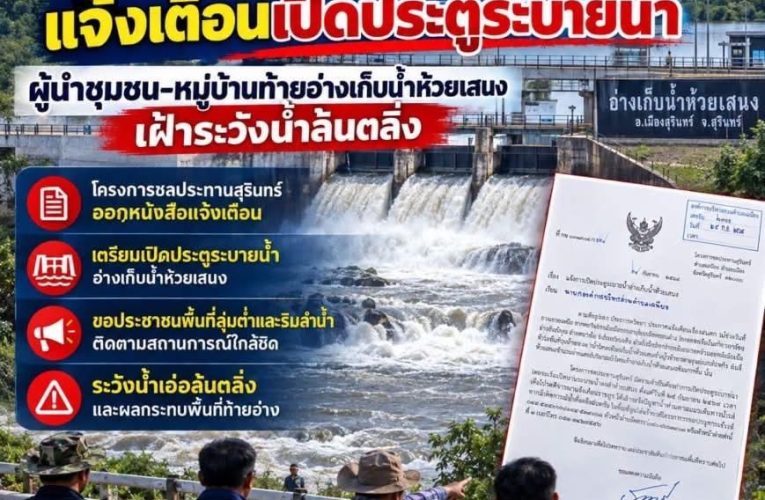 สุรินทร์-ชลประทานสุรินทร์เปิดประตูระบายน้ำทั้งสองบาน ๆ ละ20 ซม.เพื่อพร่องน้ำออกไม่มีผลกระทบต่อพื้นที่การเกษตรของชาวบ้าน